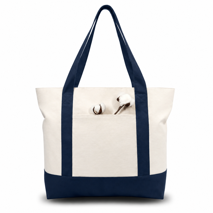 Navy Blue and Beige Large Canvas Tote Bag | 19" x 15" x 6"