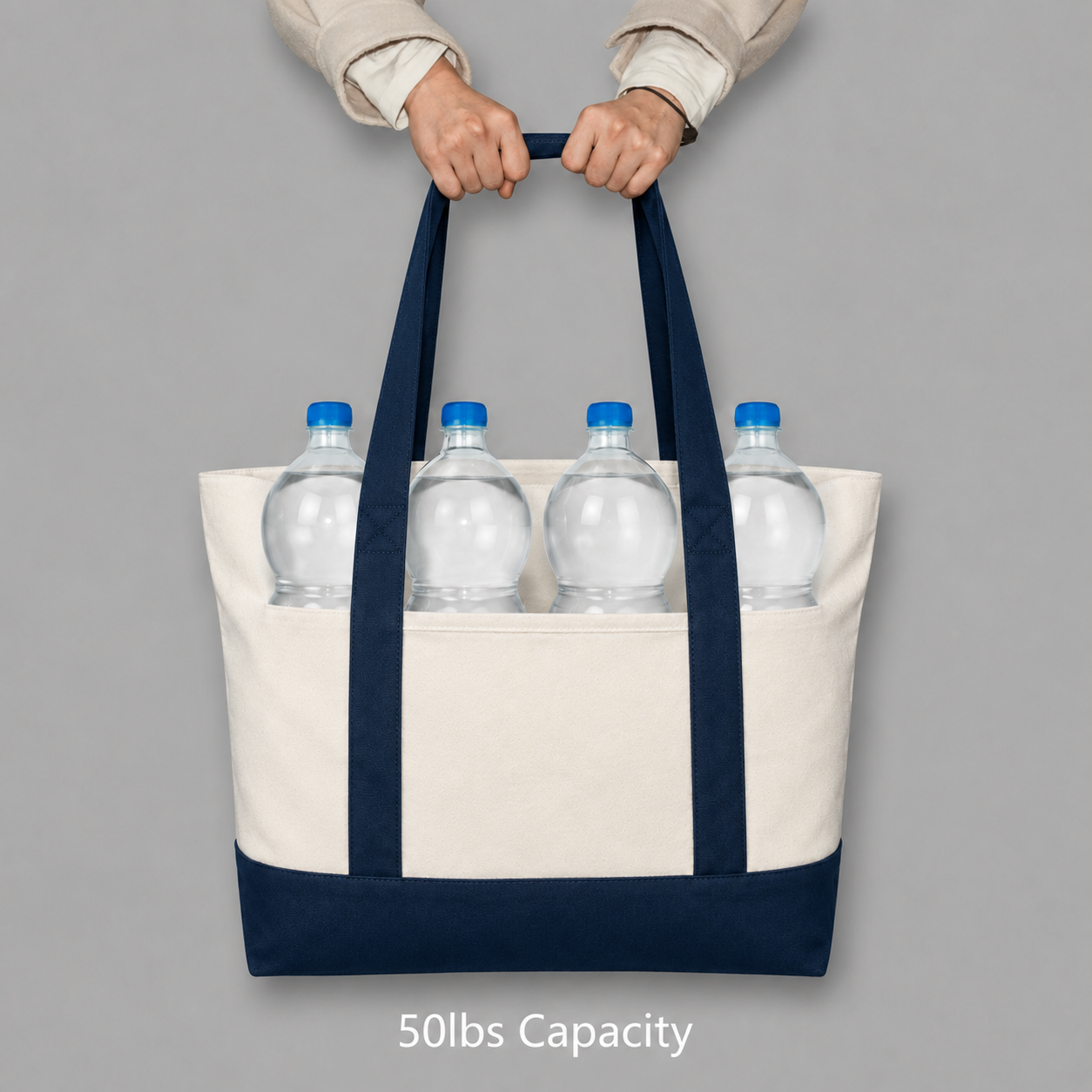 Navy Blue and Beige Large Canvas Tote Bag | 19" x 15" x 6"