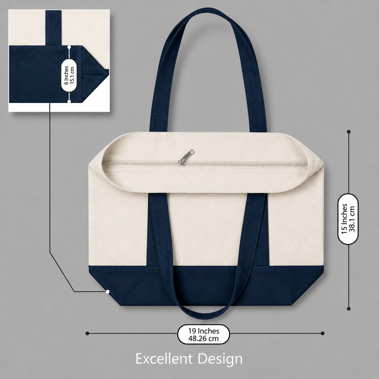 Navy Blue and Beige Large Canvas Tote Bag | 19" x 15" x 6"