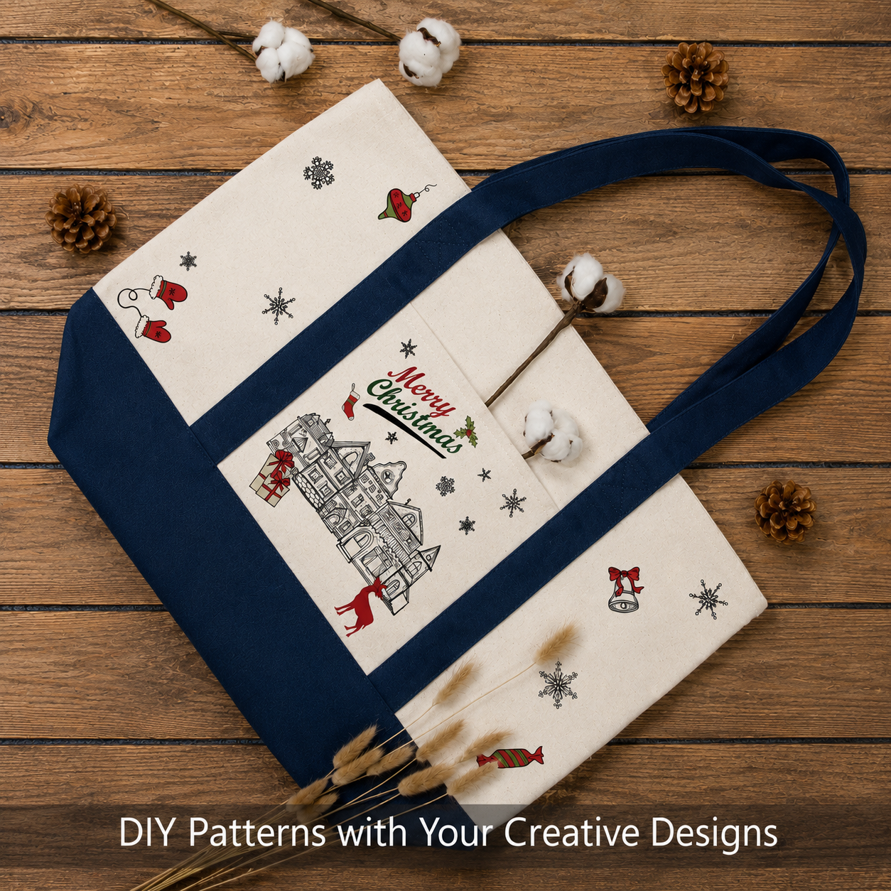 Navy Blue and Beige Large Canvas Tote Bag | 19" x 15" x 6"