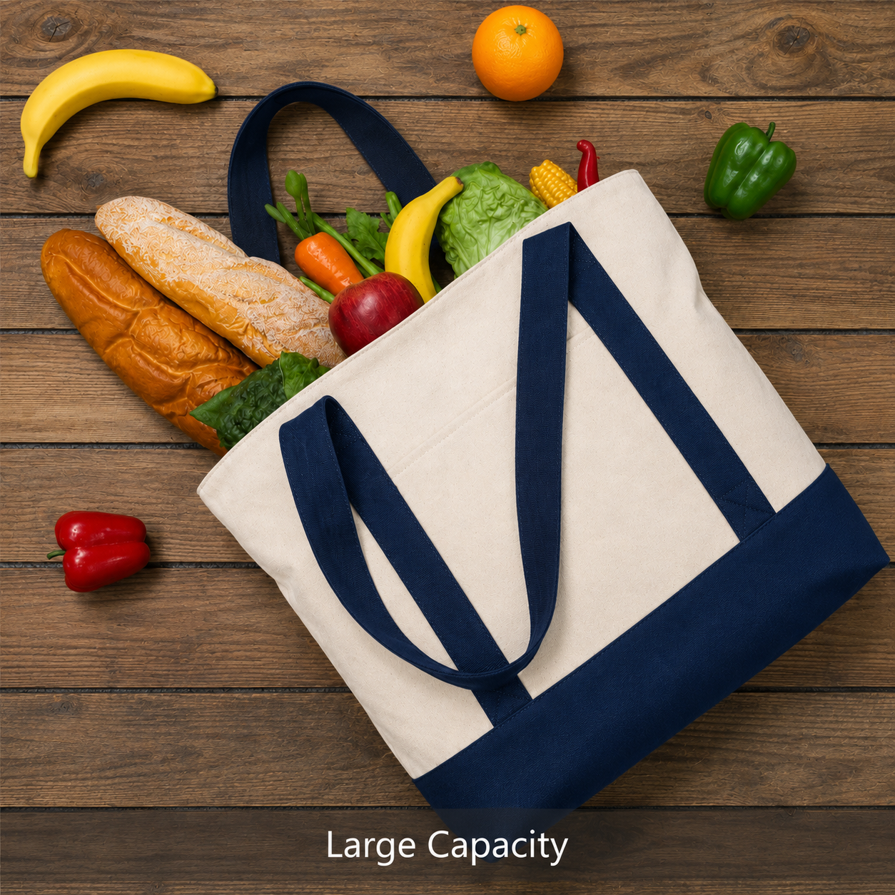Navy Blue and Beige Large Canvas Tote Bag | 19" x 15" x 6"