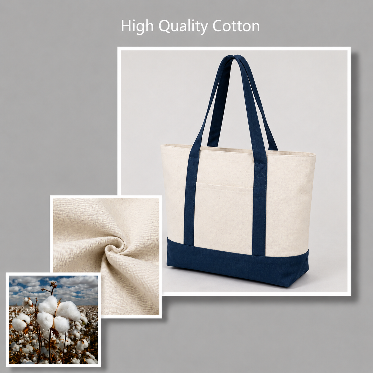 Navy Blue and Beige Large Canvas Tote Bag | 19" x 15" x 6"