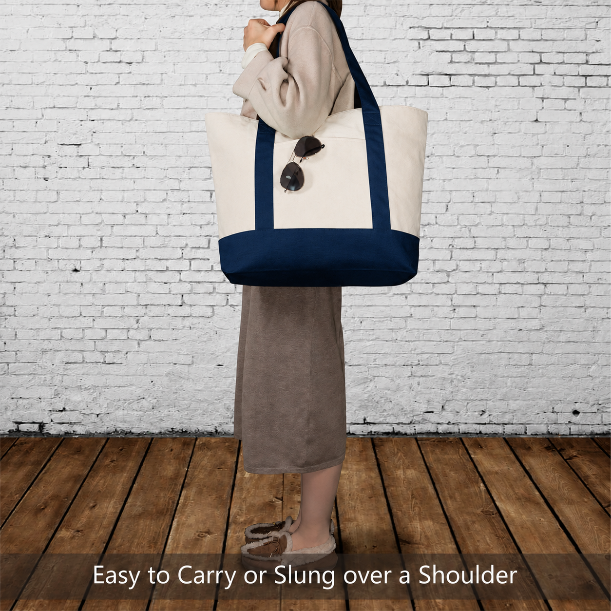 Navy Blue and Beige Large Canvas Tote Bag | 19" x 15" x 6"