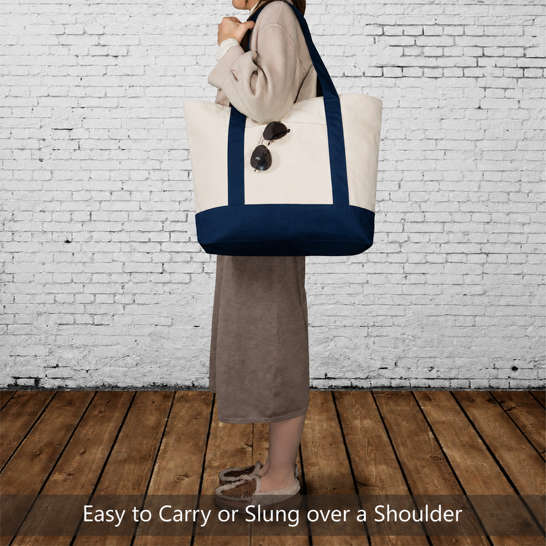 Navy Blue and Beige Large Canvas Tote Bag | 19" x 15" x 6"