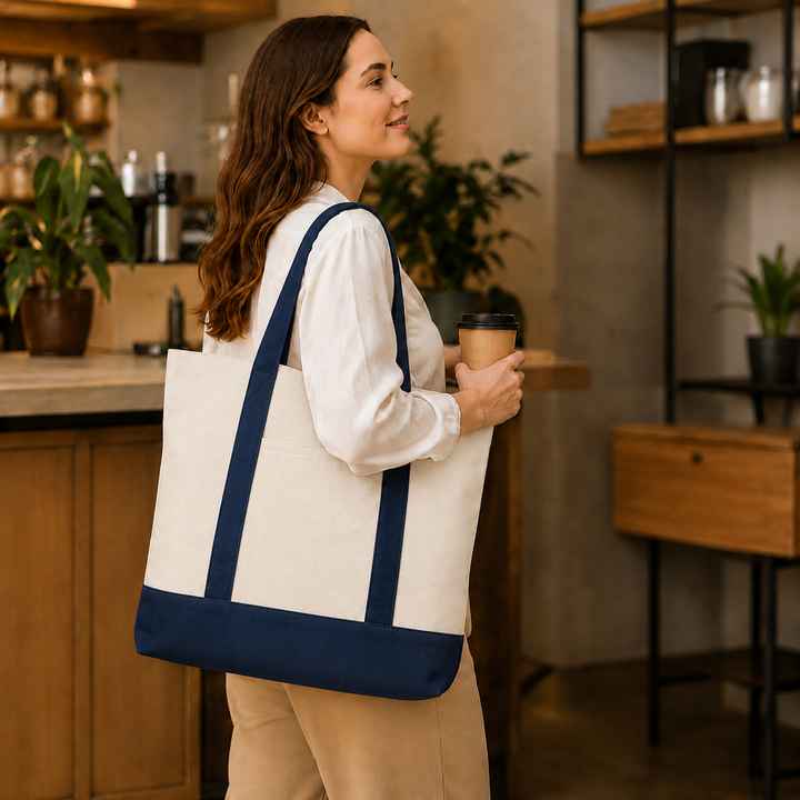 Navy Blue and Beige Large Canvas Tote Bag | 19" x 15" x 6"