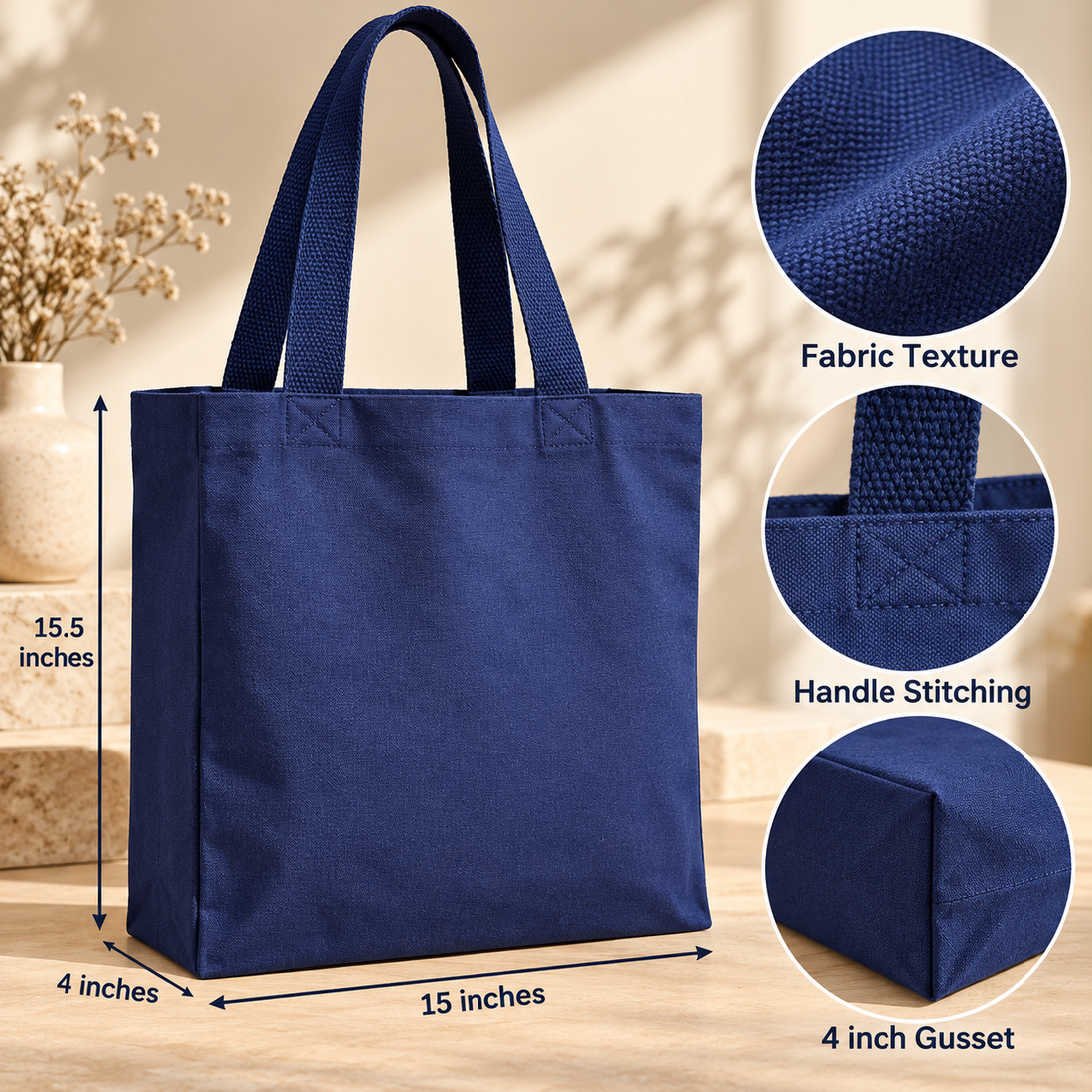 Plain 15x15.5x4 Navy Blue Gusseted Cotton Tote Bag | 235 GSM
