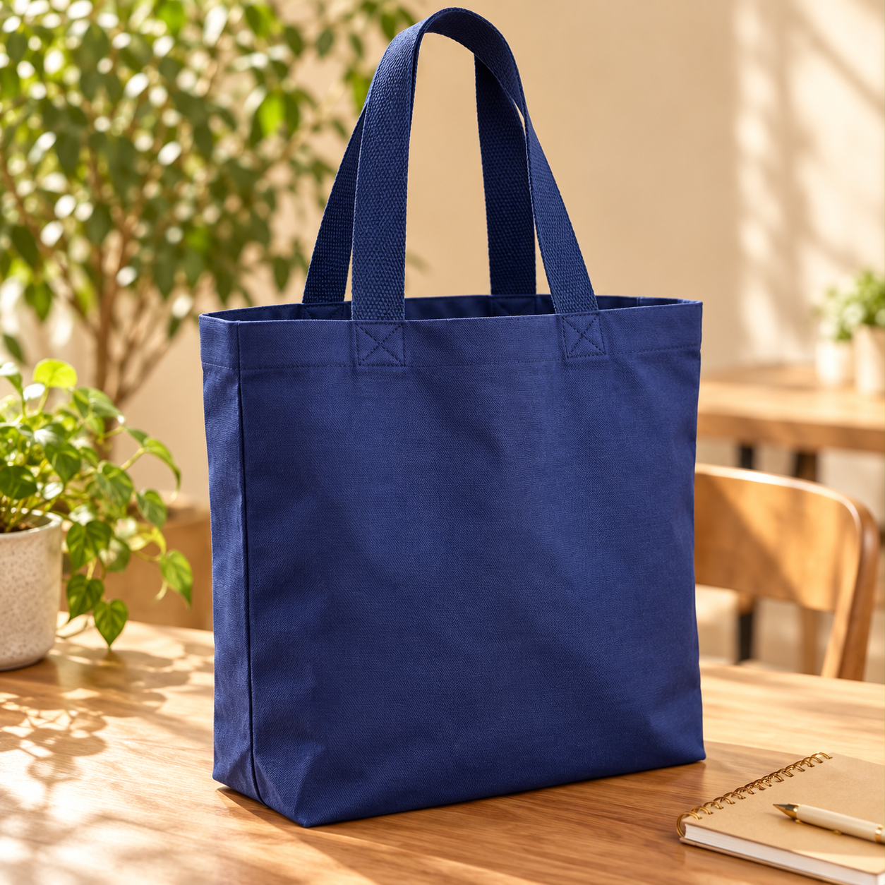 Plain 15x15.5x4 Navy Blue Gusseted Cotton Tote Bag | 235 GSM