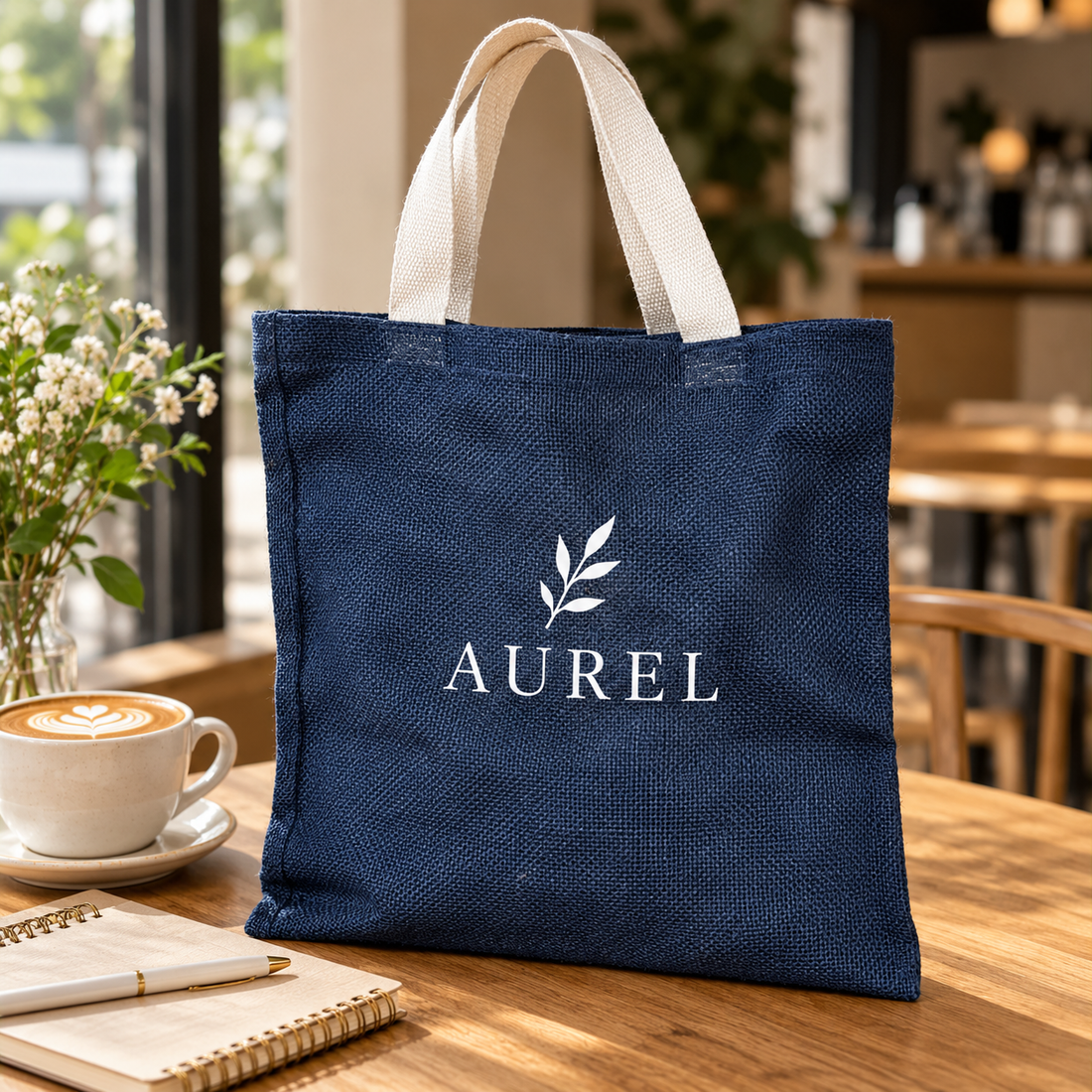 14.5x16.5 Navy Blue Jute Tote Bag