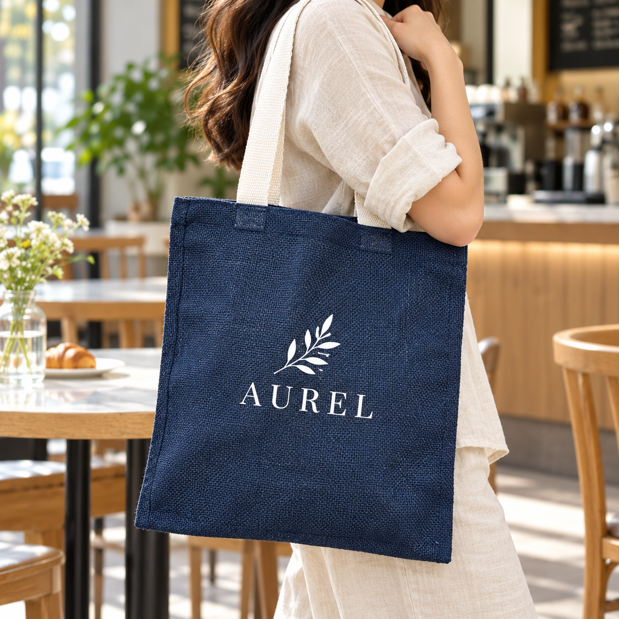 14.5x16.5 Navy Blue Jute Tote Bag