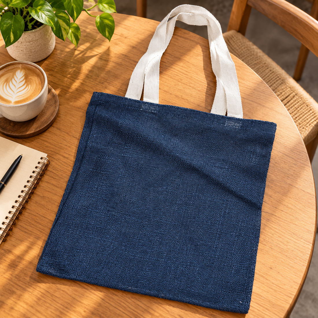 Plain 14.5x16.5 Navy Blue Jute Tote Bag