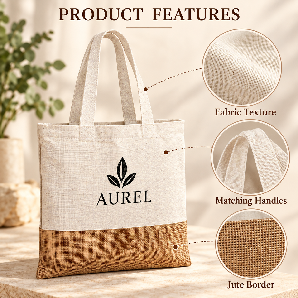 14.5x16.5 Natural Jute & Cotton Two-Tone Tote Bag