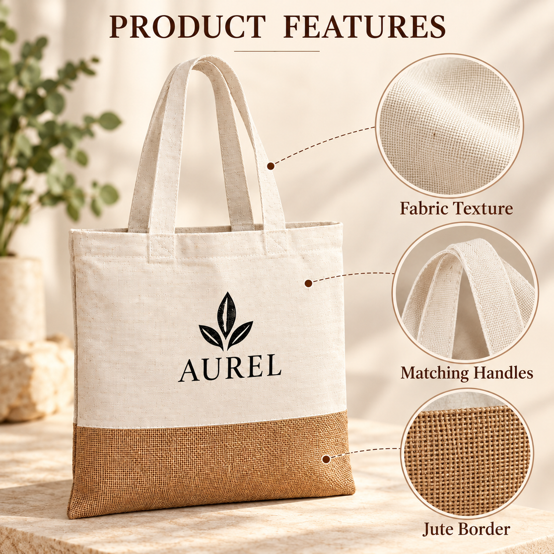 14.5x16.5 Natural Jute & Cotton Two-Tone Tote Bag