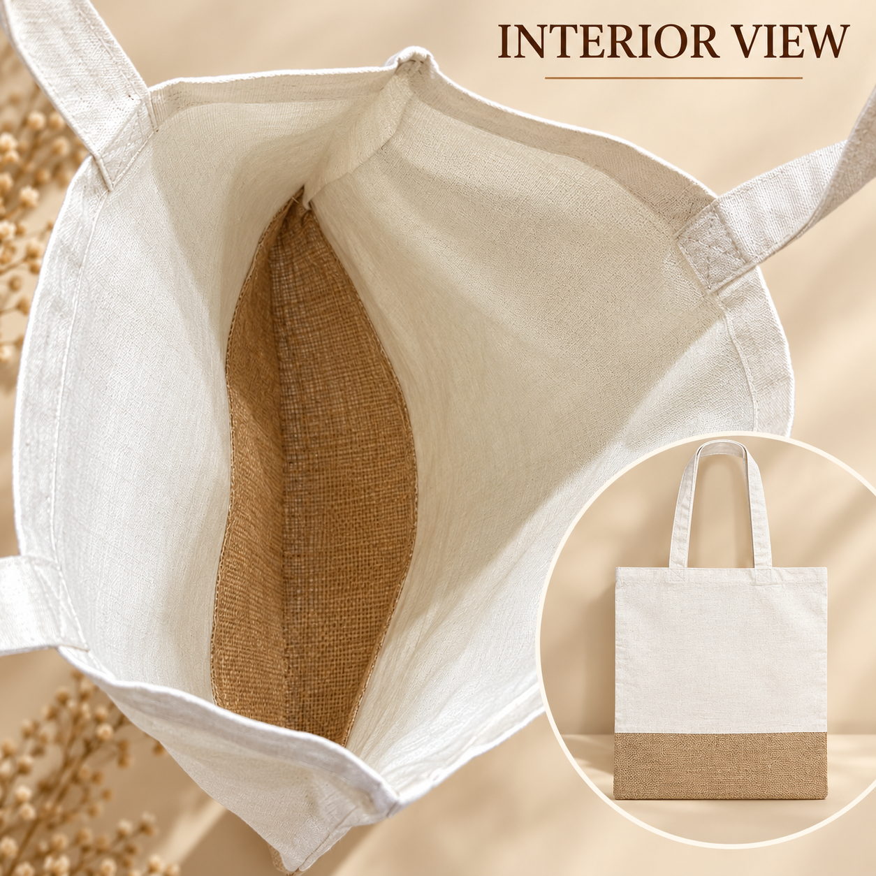 Plain 14.5x16.5 Natural Jute & Cotton Two-Tone Tote Bag
