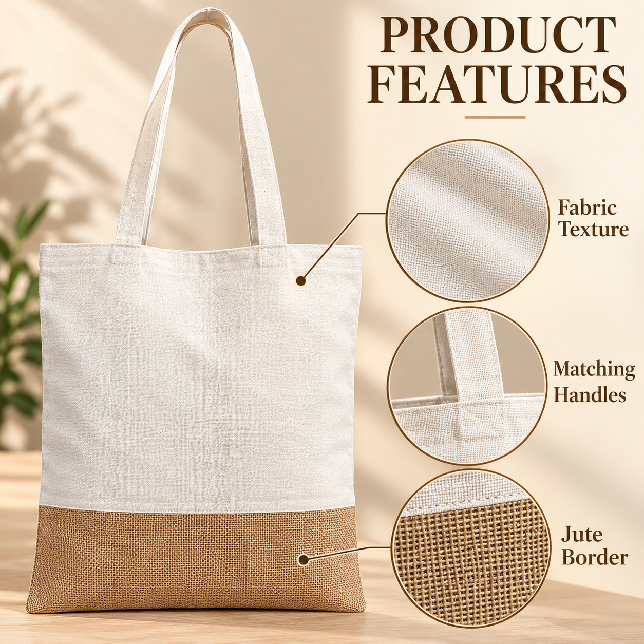 Plain 14.5x16.5 Natural Jute & Cotton Two-Tone Tote Bag