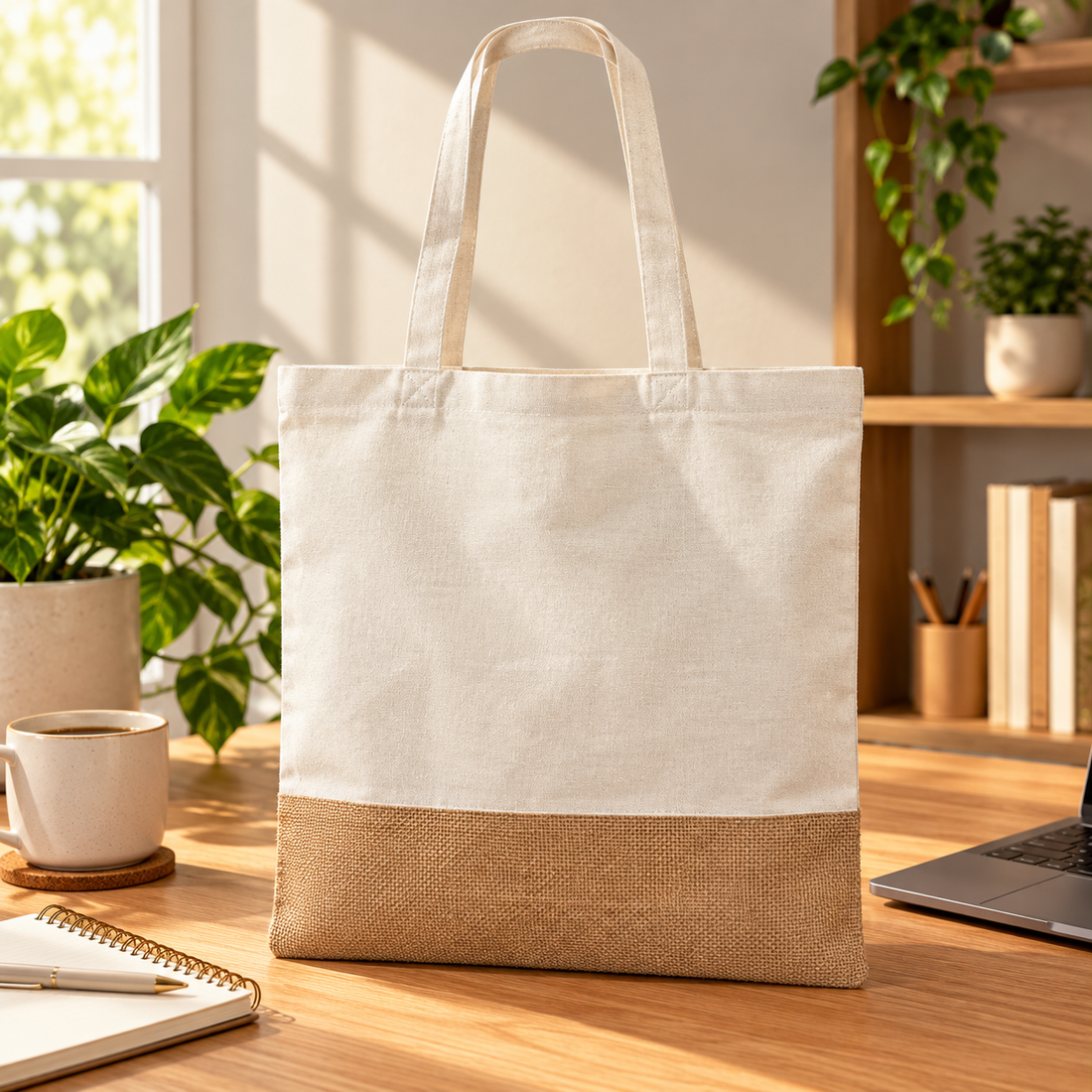 Plain 14.5x16.5 Natural Jute & Cotton Two-Tone Tote Bag