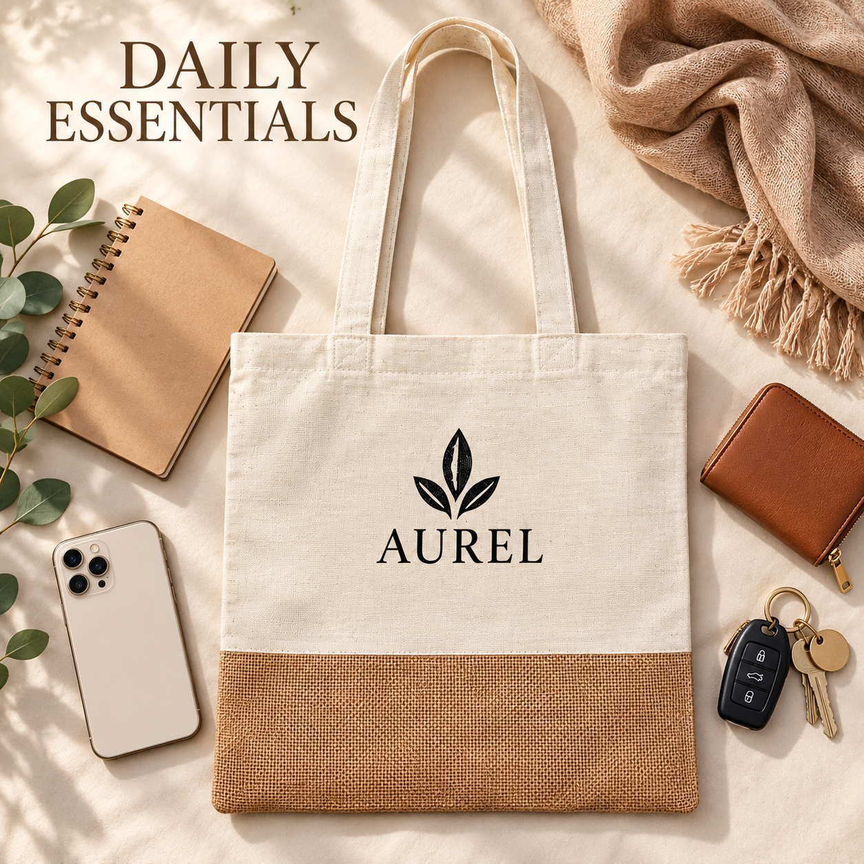 14.5x16.5 Natural Jute & Cotton Two-Tone Tote Bag