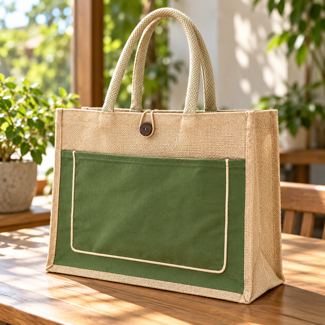 Plain 16x13x6 Olive & Natural Cotton-Jute Tote Bag with Front Pocket
