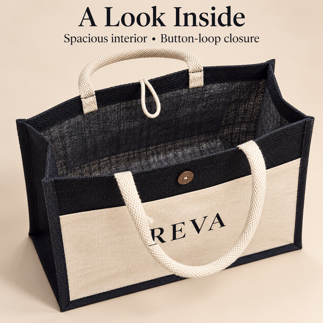 16x13x6 Black & Natural Jute Hamper Bag with Canvas Front Pocket