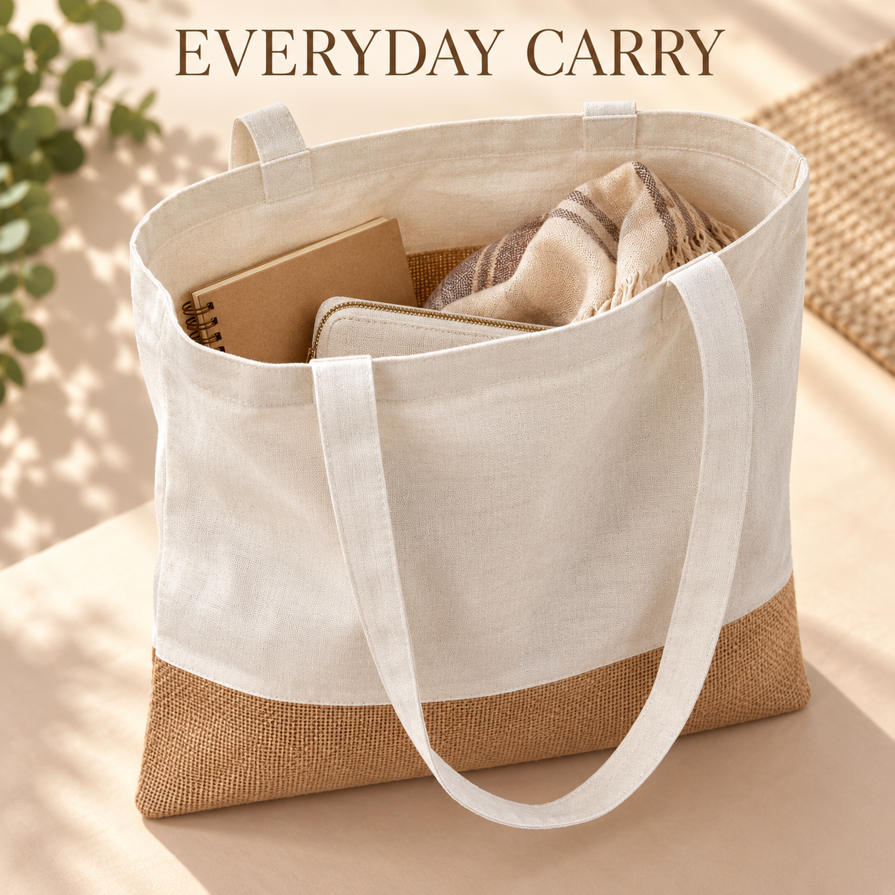Plain 14.5x16.5 Natural Jute & Cotton Two-Tone Tote Bag
