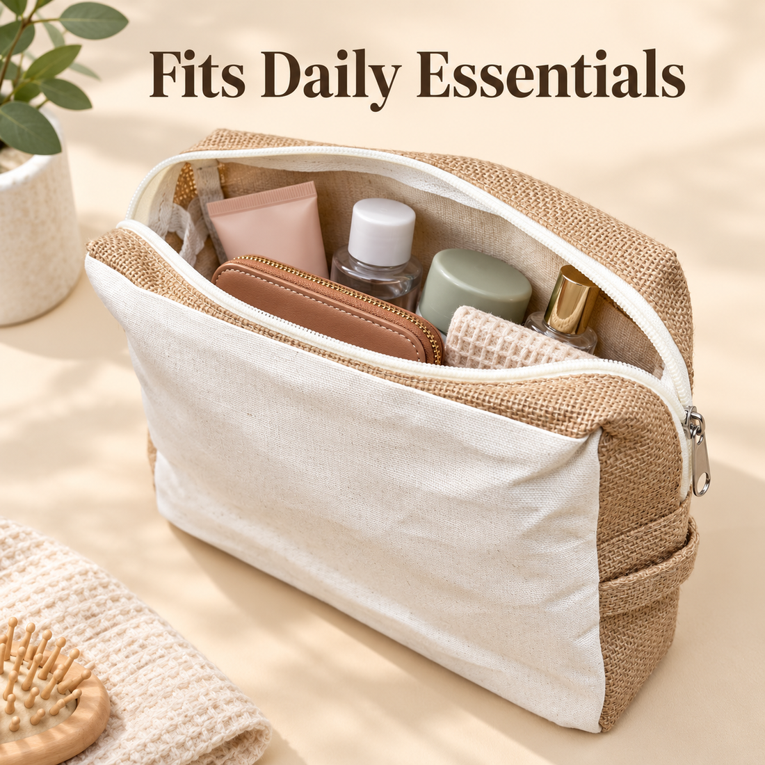 9x8x3 Plain Natural Jute & Canvas Boxy Zipper Pouch