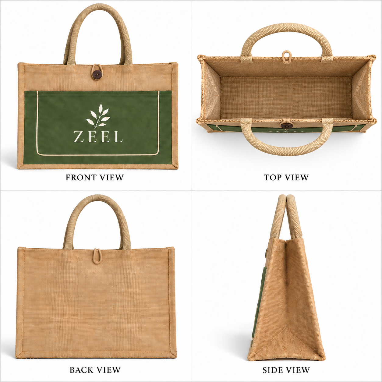 16x13x6 Olive & Natural Cotton-Jute Tote Bag with Front Pocket