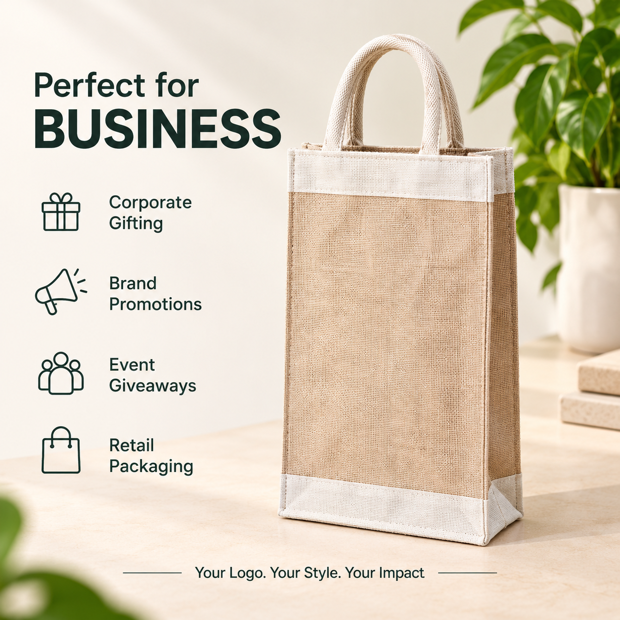 Plain 13x15.5x4.5 Natural Tall Juco & Canvas Tote Bag with Rope Handles