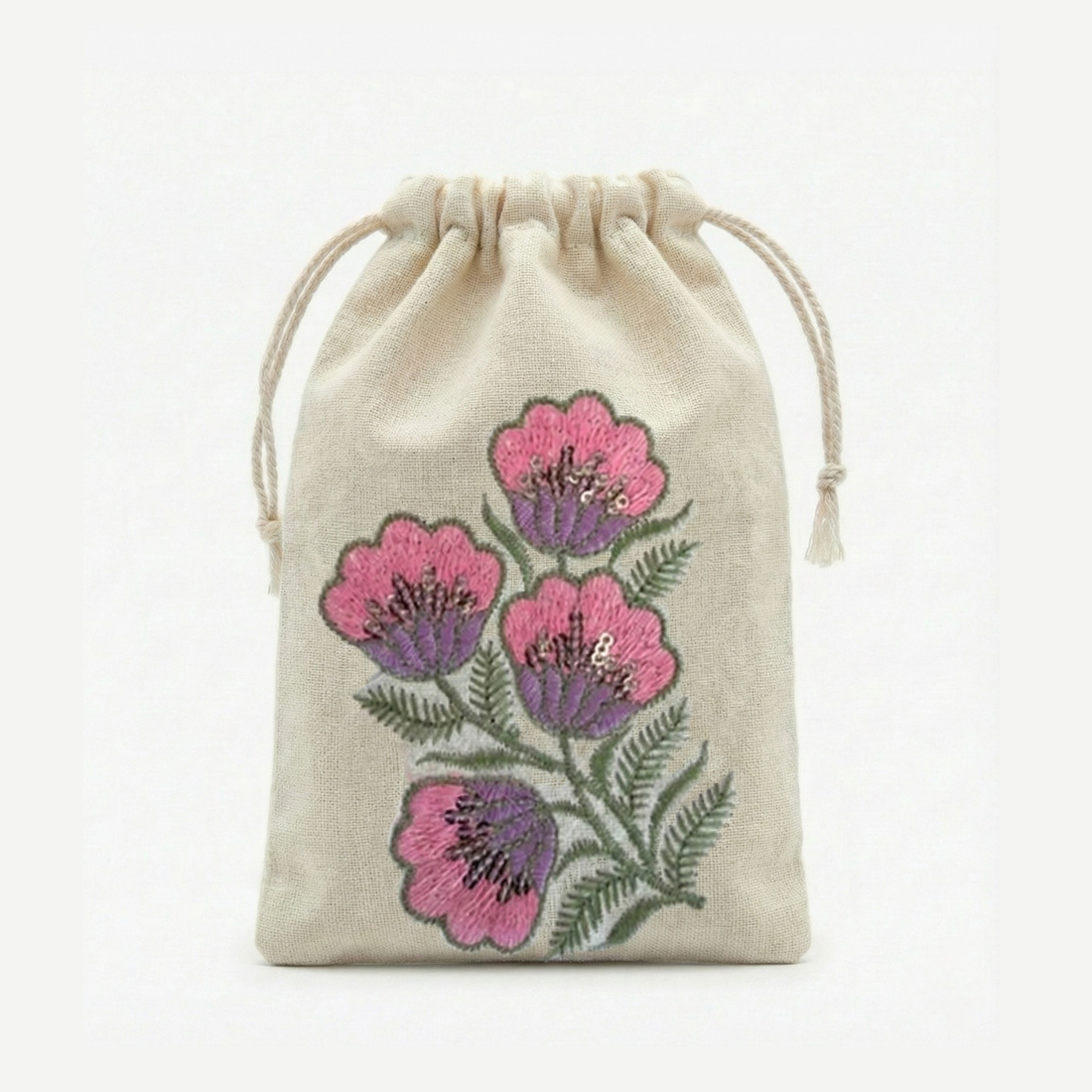 Pink Floral Embroidered Cotton Drawstring Pouch Bag