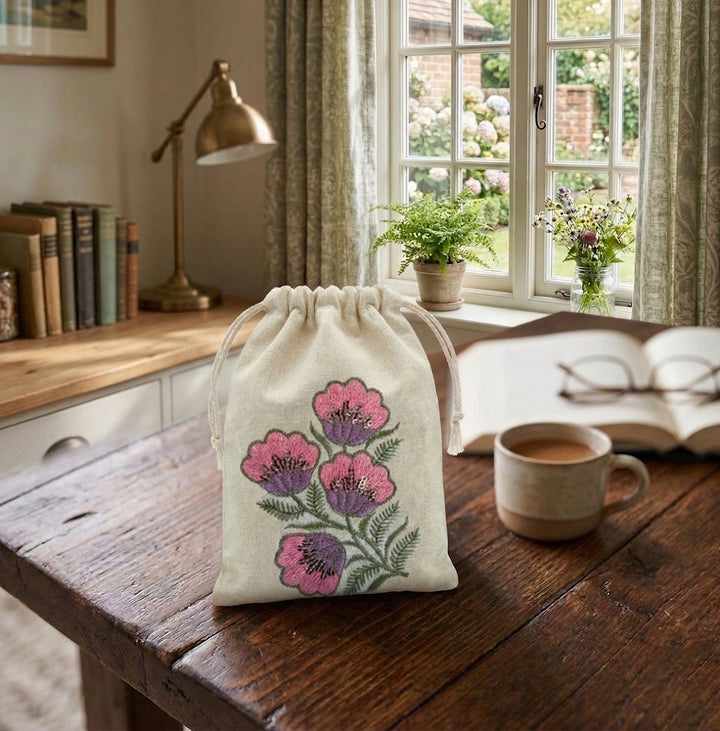 Pink Floral Embroidered Cotton Drawstring Pouch