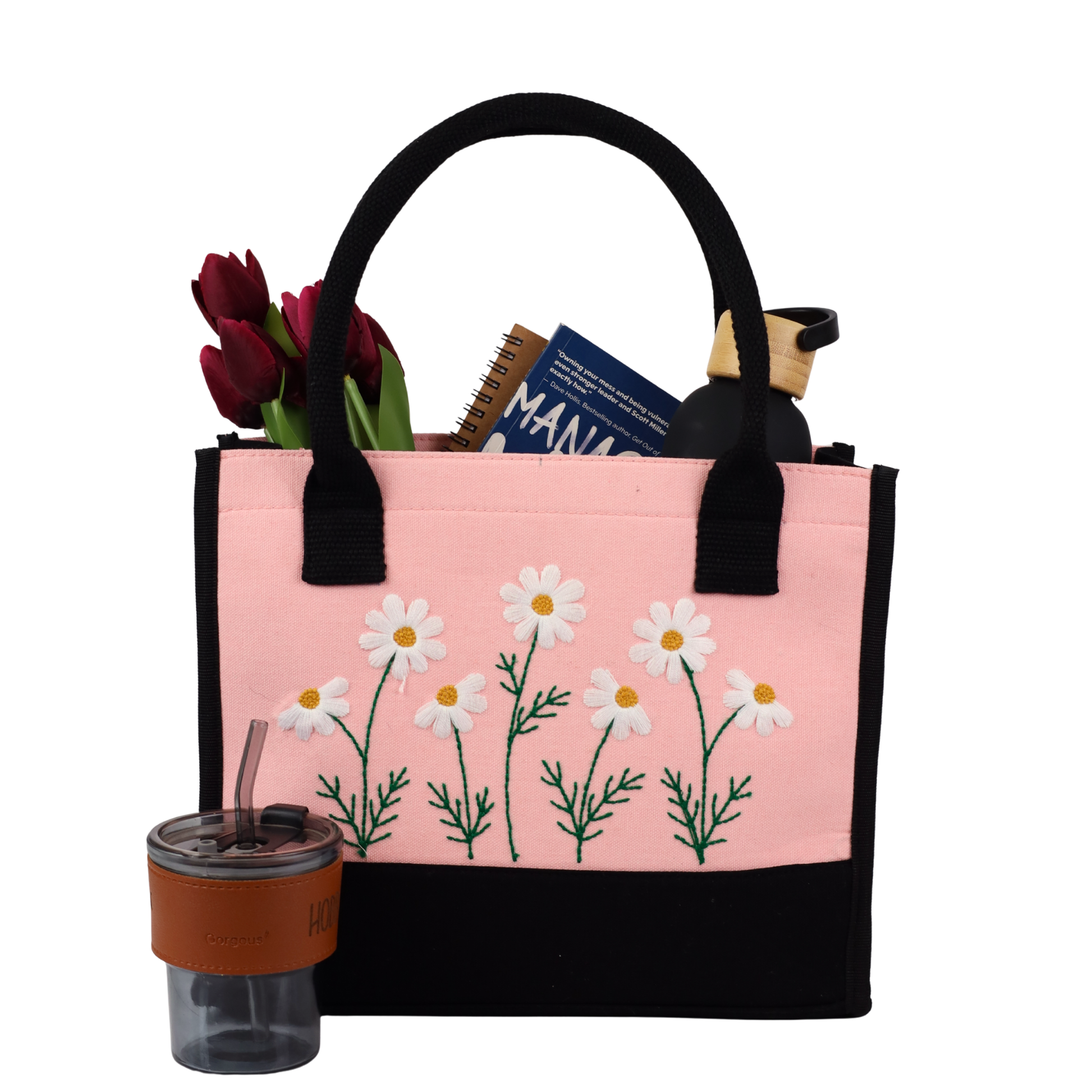 Embroidery Pink Floral Tote Bag