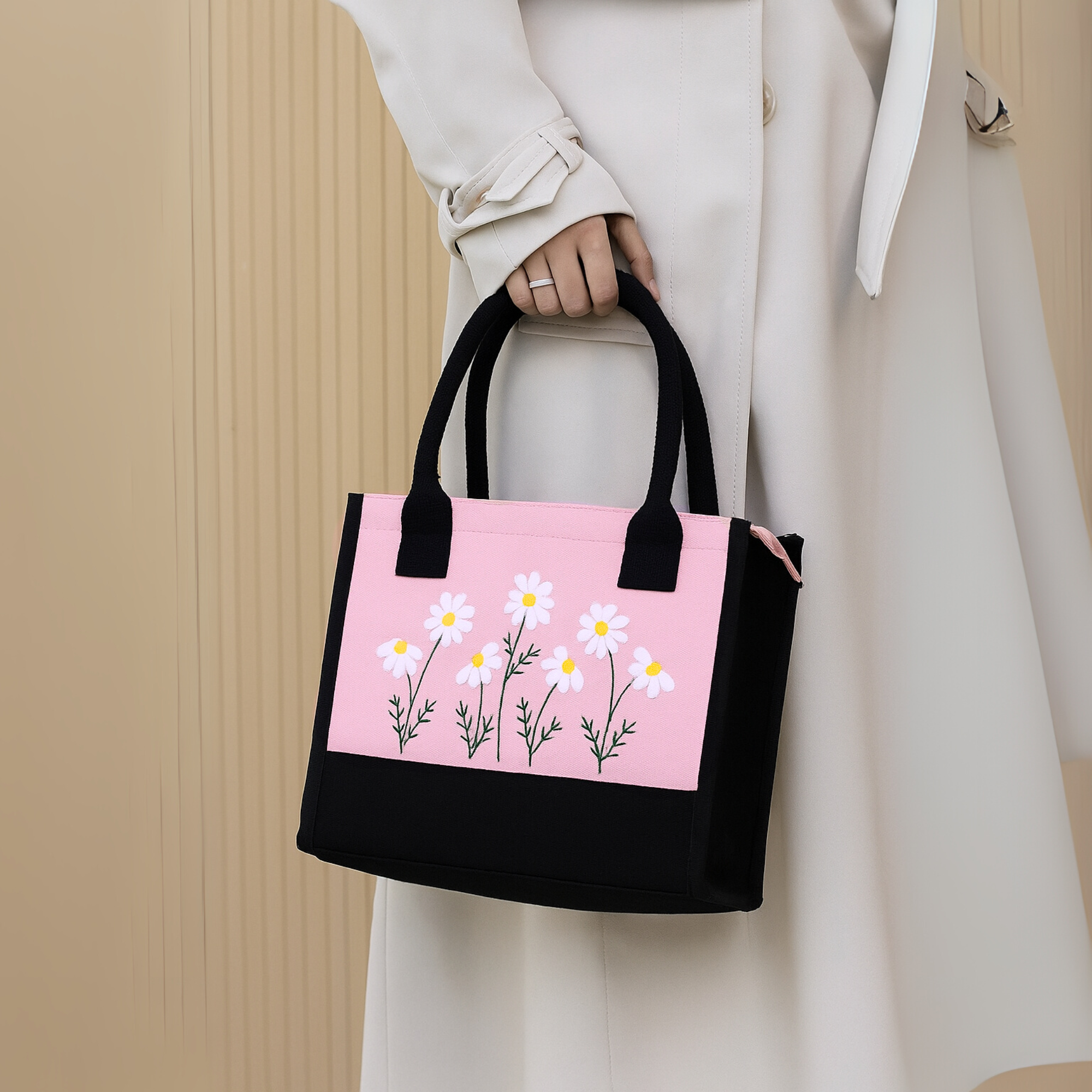 Embroidery Pink Floral Tote Bag