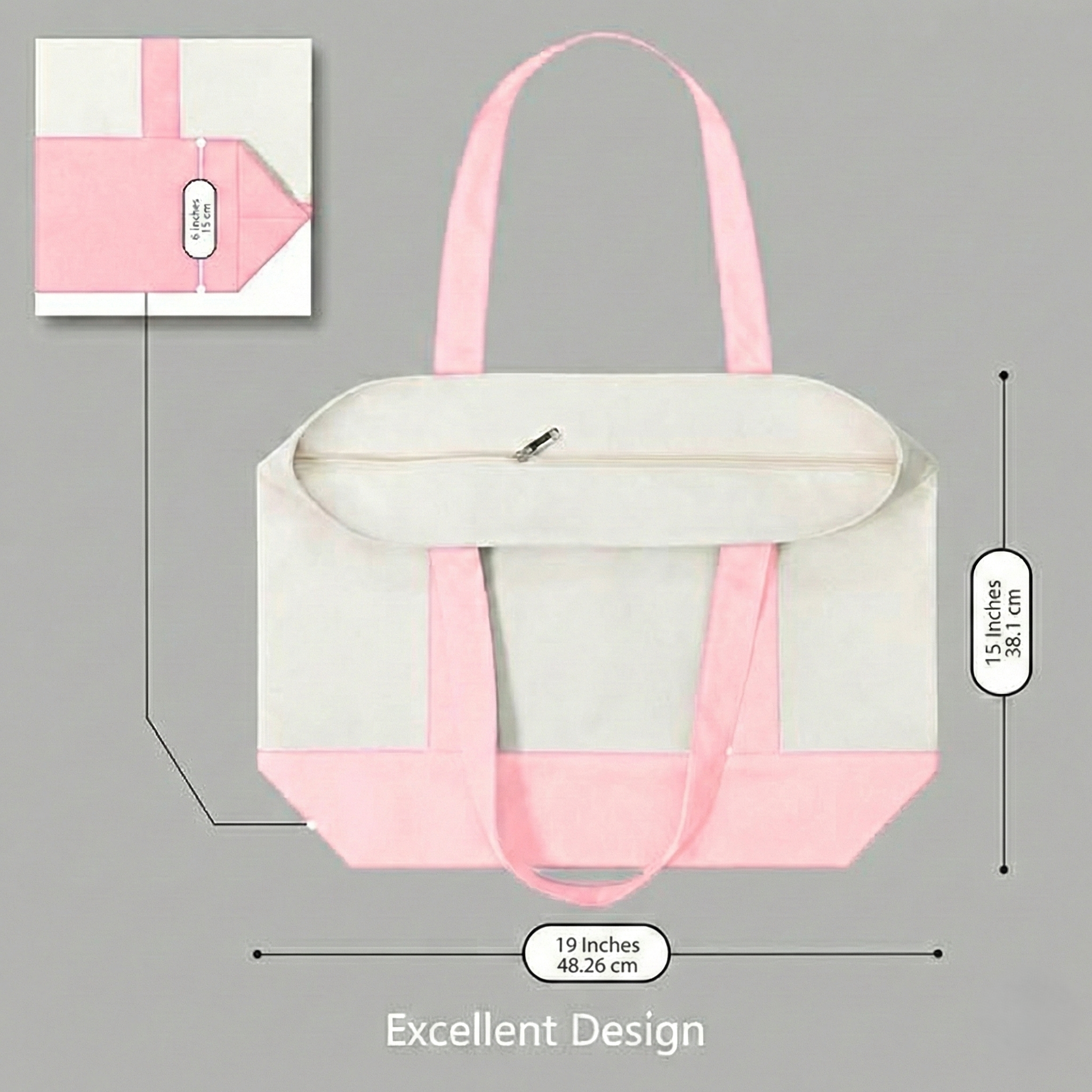 Pink and Beige Large Canvas Tote Bag | 19" x 15" x 6"