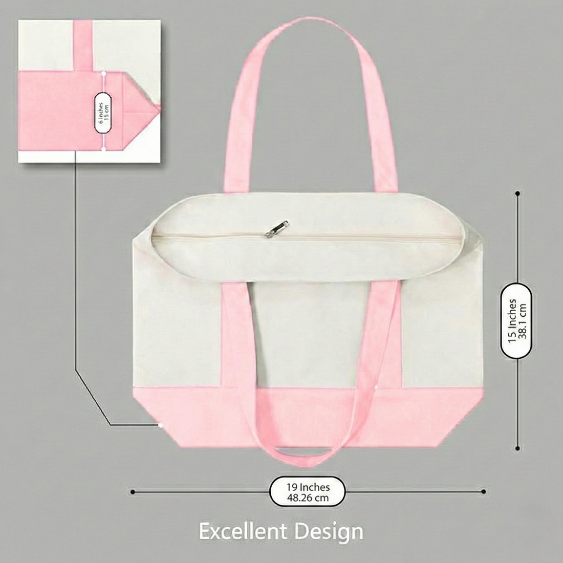 Pink and Beige Large Canvas Tote Bag | 19" x 15" x 6"