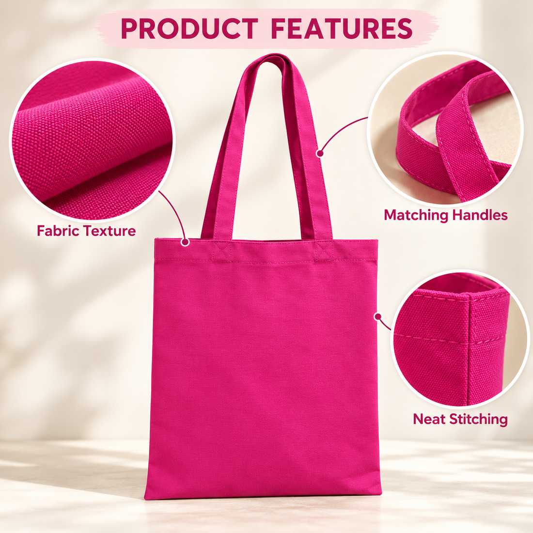 Plain 14.5x15.5 Pink Cotton Canvas Tote Bag | 350 GSM