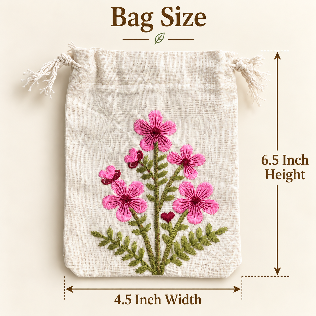 Pink Blossom Embroidered Cotton Drawstring Pouch