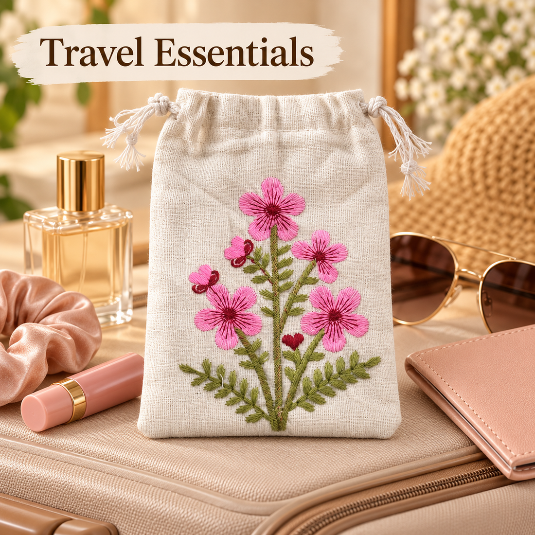 Pink Blossom Embroidered Cotton Drawstring Pouch