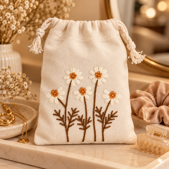 Daisy Delight Embroidered Cotton Drawstring Pouch