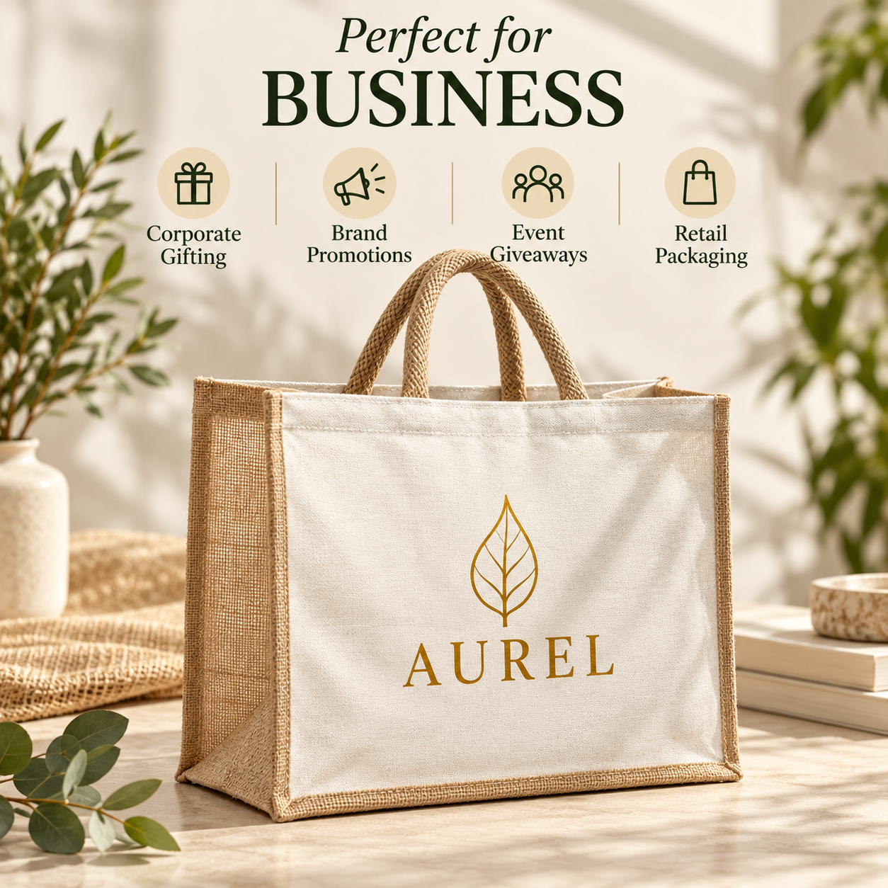 16x13x6 Natural Laminated Jute & Canvas Hamper Bag