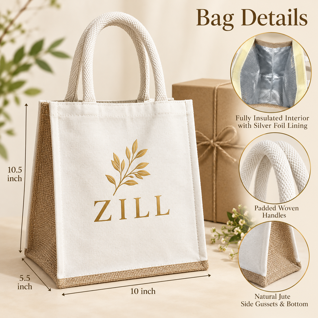10x10.5x5.5 Natural Insulated Canvas Cooler Bag | 310 GSM
