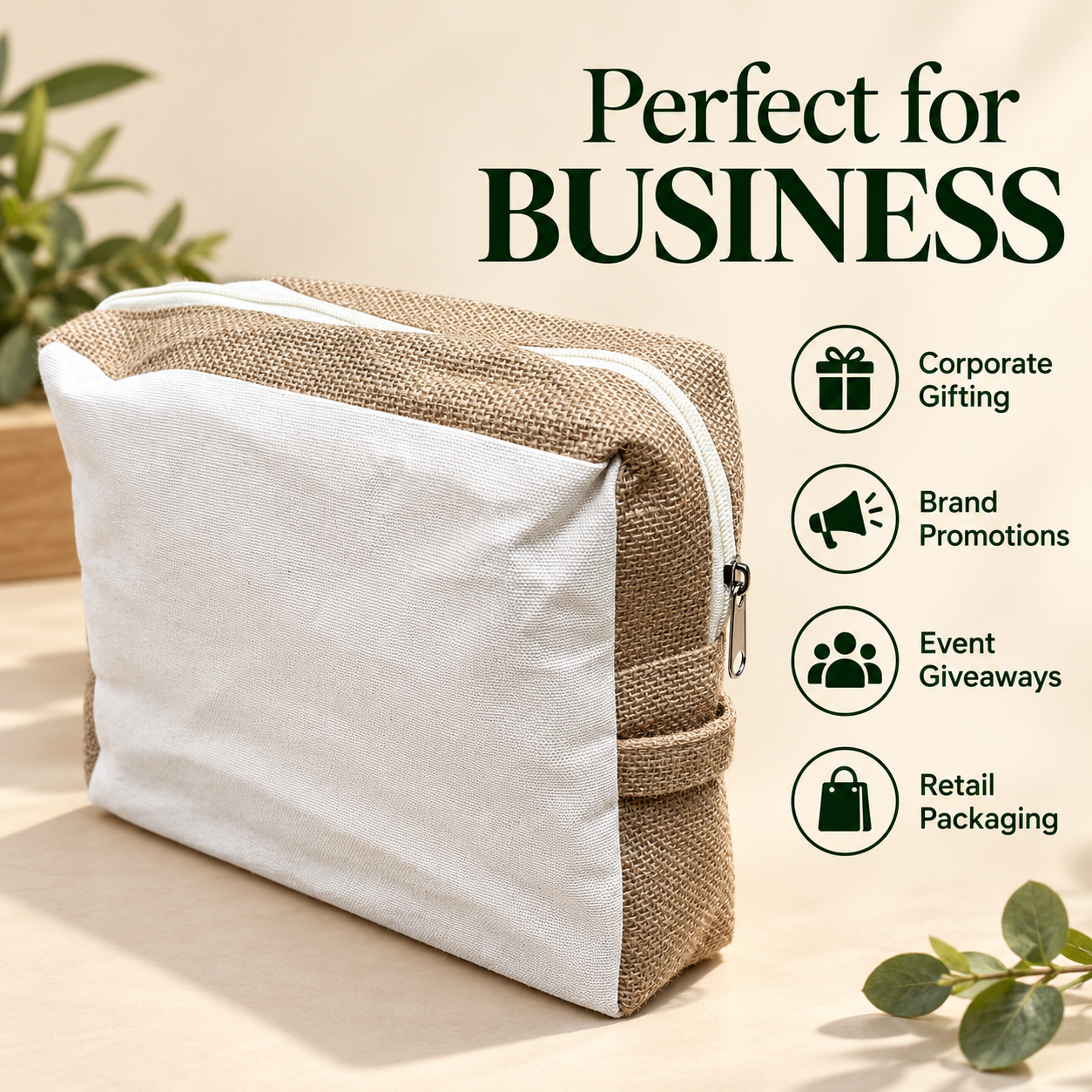 9x8x3 Plain Natural Jute & Canvas Boxy Zipper Pouch