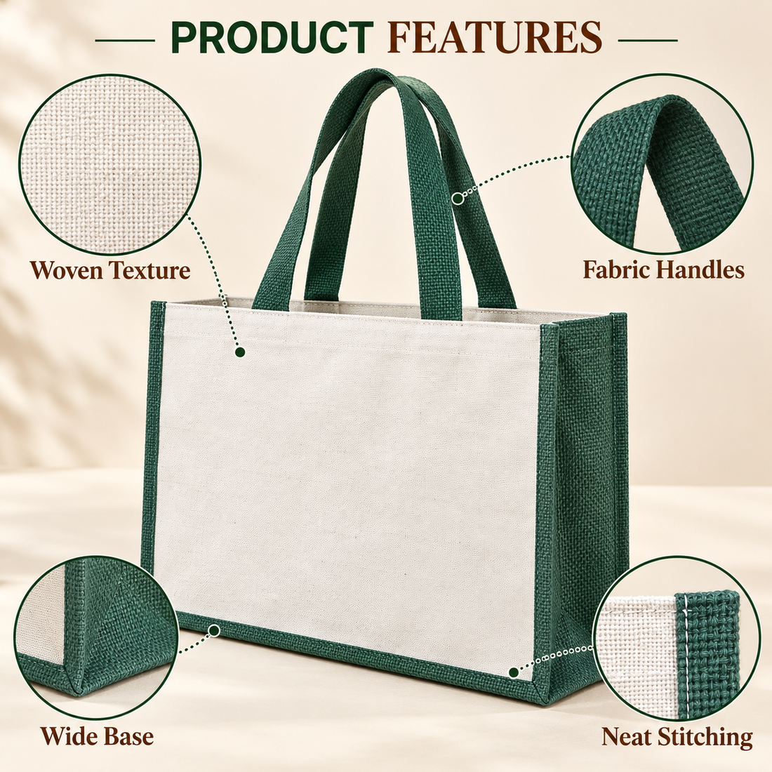 Plain 16x13x6 Green Laminated Jute & Canvas Hamper Bag