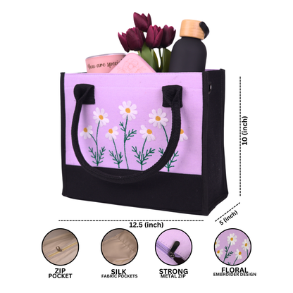 Embroidery Purple Floral Tote Bag