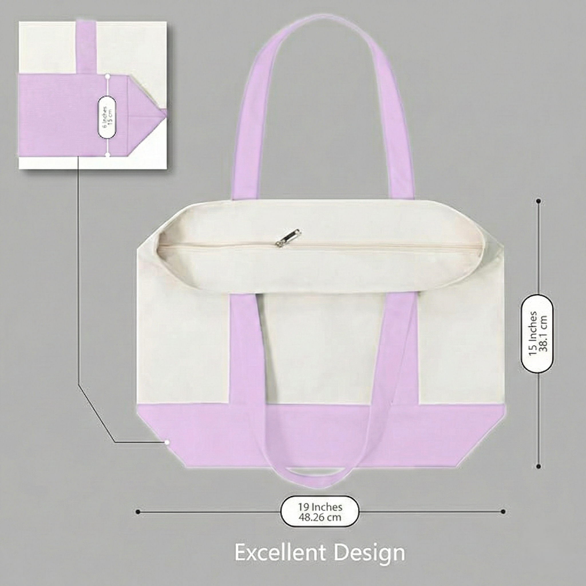 Purple and Beige Large Canvas Tote Bag | 19" x 15" x 6"