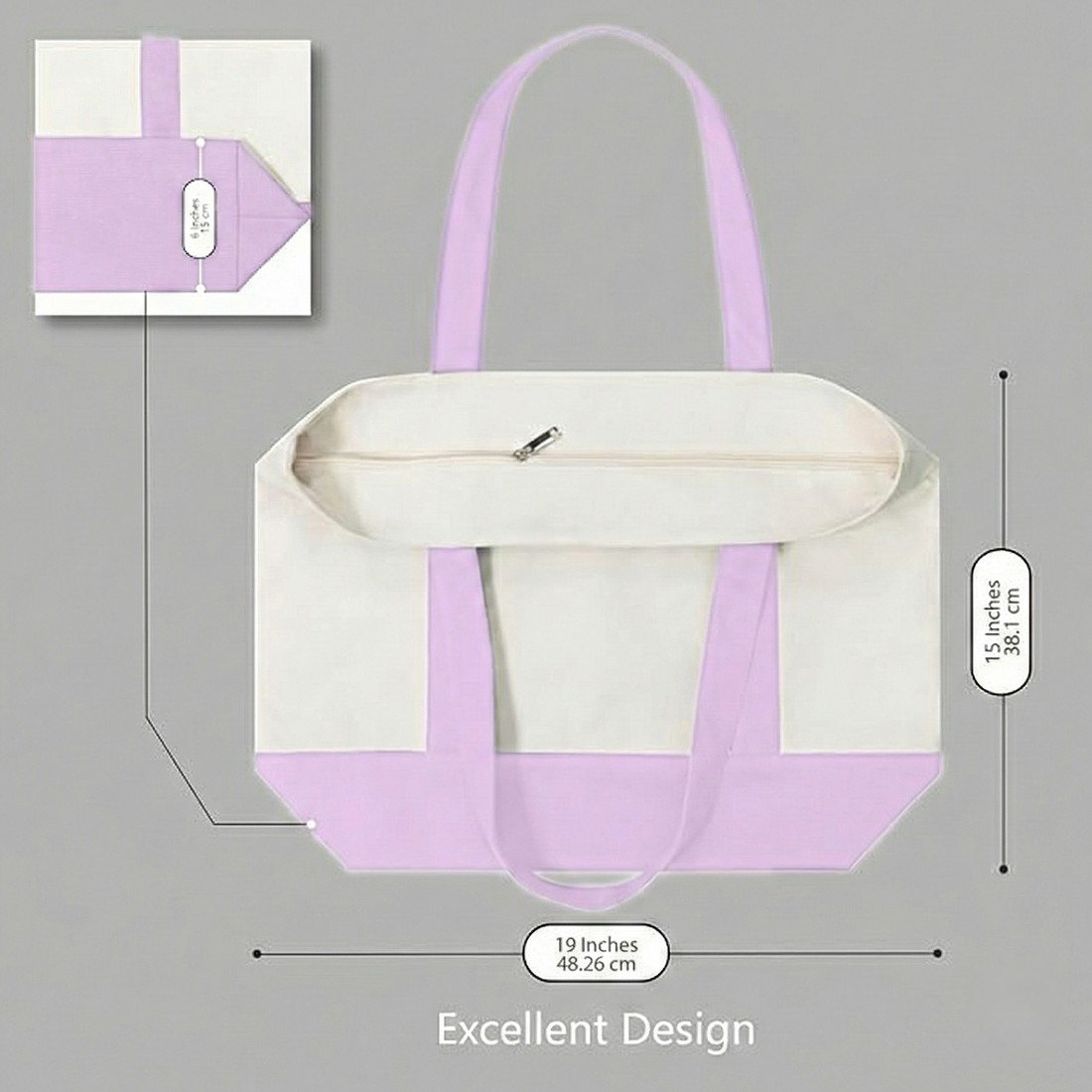 Purple and Beige Large Canvas Tote Bag | 19" x 15" x 6"