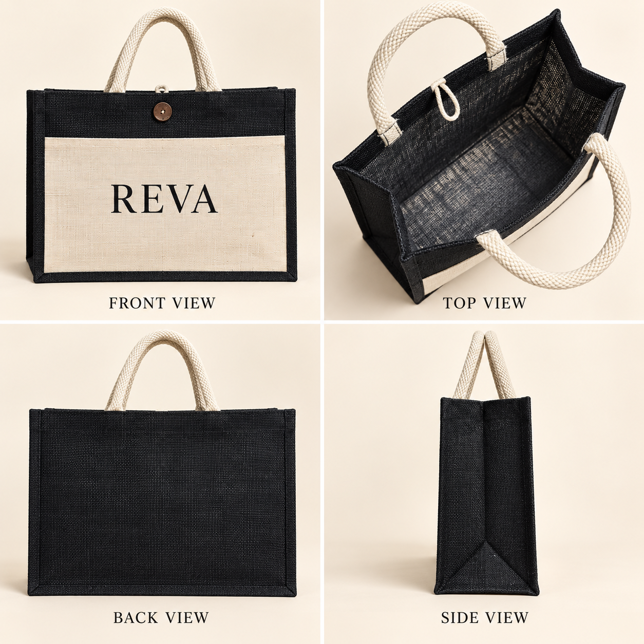 16x13x6 Black & Natural Jute Hamper Bag with Canvas Front Pocket