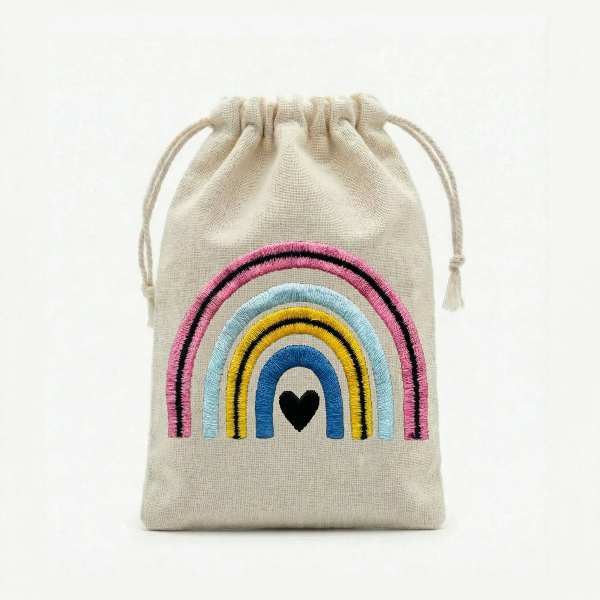 Rainbow Embroidered Cotton Drawstring Pouch Bag