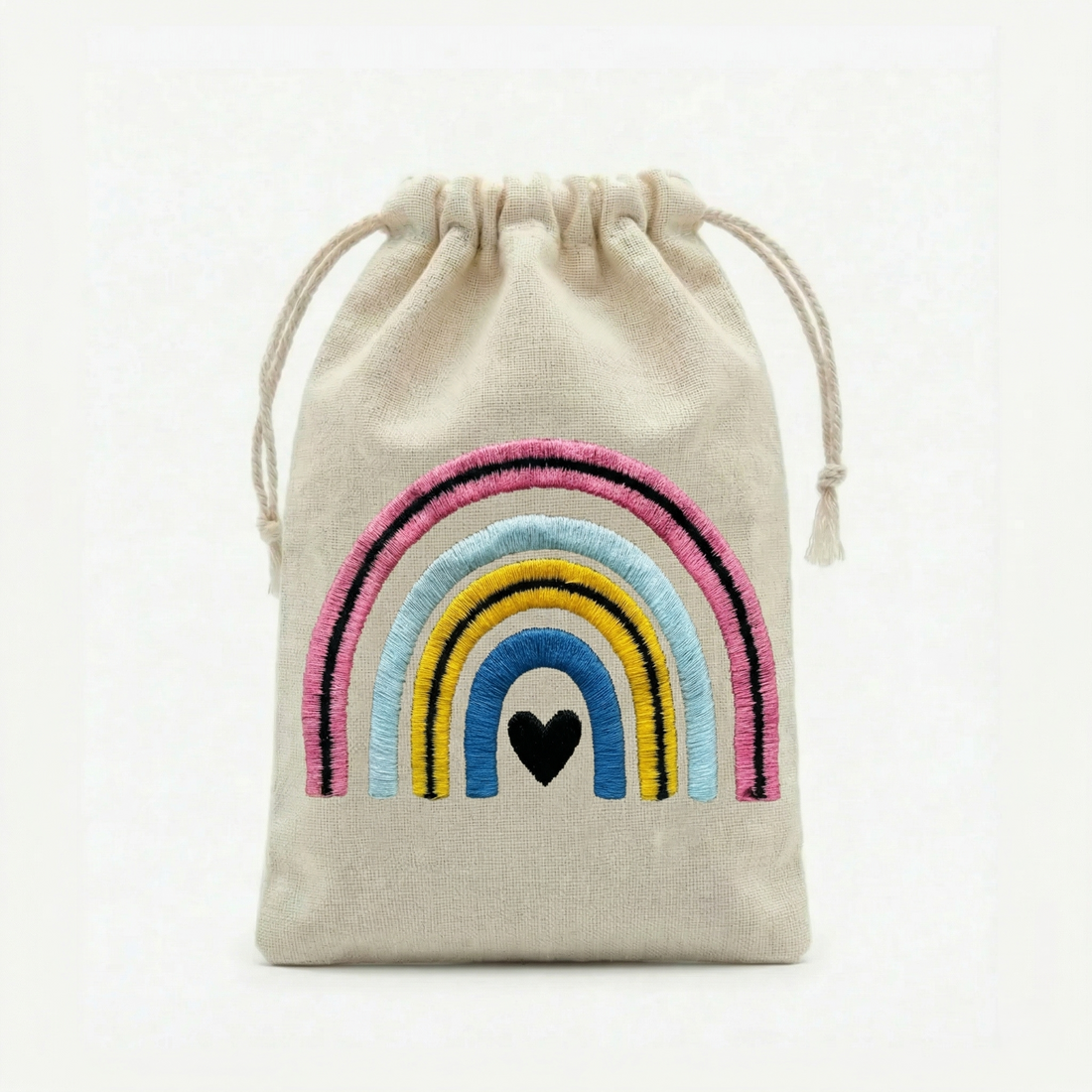 Rainbow Embroidered Cotton Drawstring Pouch Bag