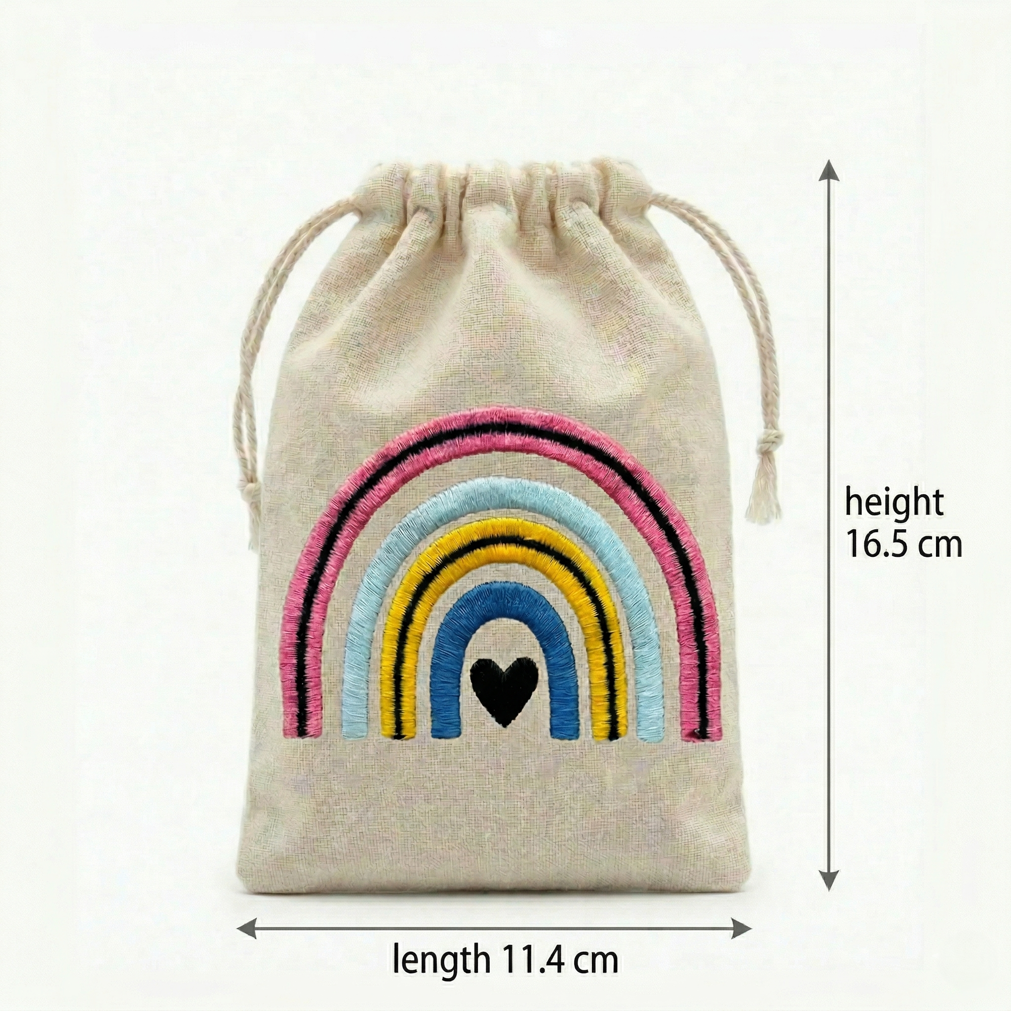Rainbow Embroidered Cotton Drawstring Pouch Bag