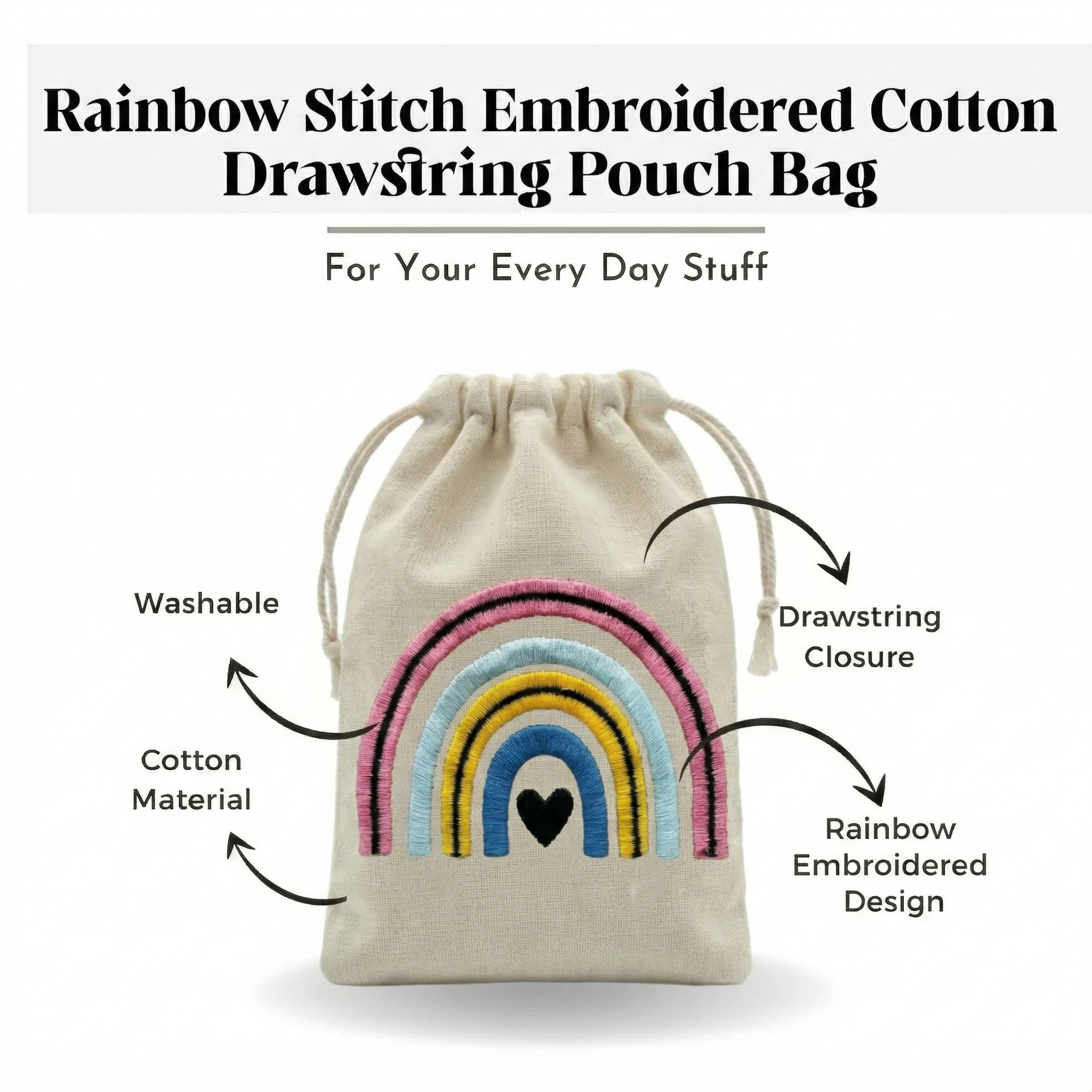 Rainbow Embroidered Cotton Drawstring Pouch Bag