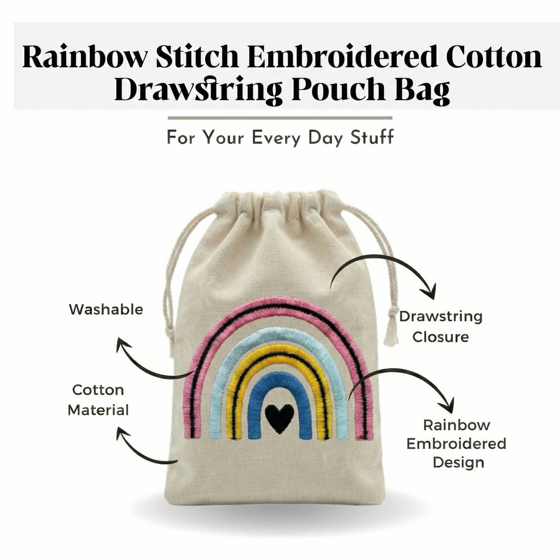 Rainbow Embroidered Cotton Drawstring Pouch Bag