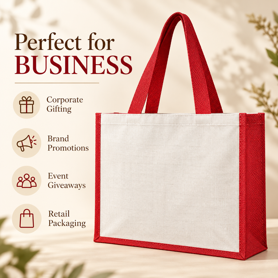 Plain 16x13x6 Red Laminated Jute & Canvas Hamper Bag